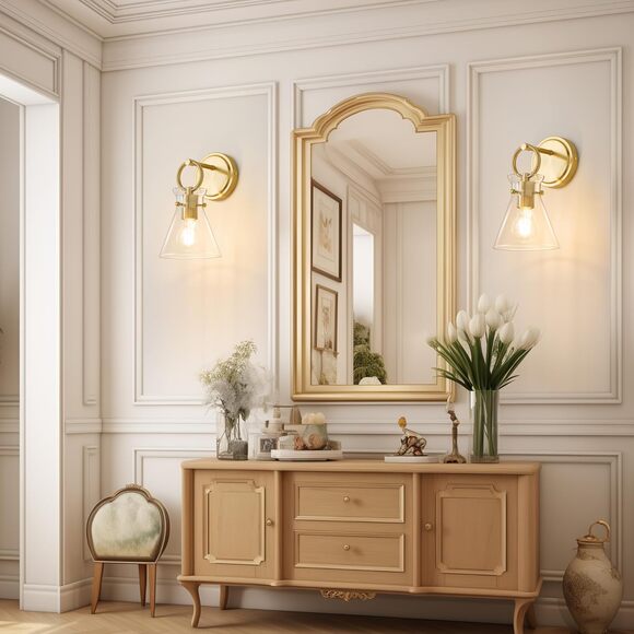 Gold Wall Sconces Set of 2 Modern Vanity Light Fixtures for Bathroom Wall Mount - Picture 4 of 9